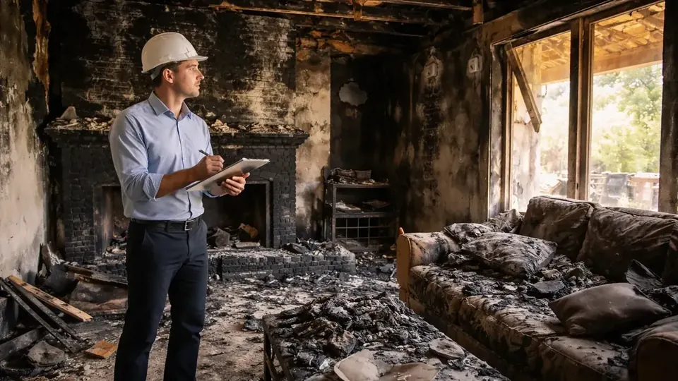 Adjuster inspecting soot staining on the walls and ceiling of a living room