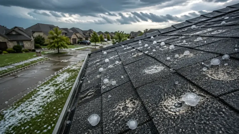 Storm damage to a Port Arthur, Texas home with debris and a damaged roof