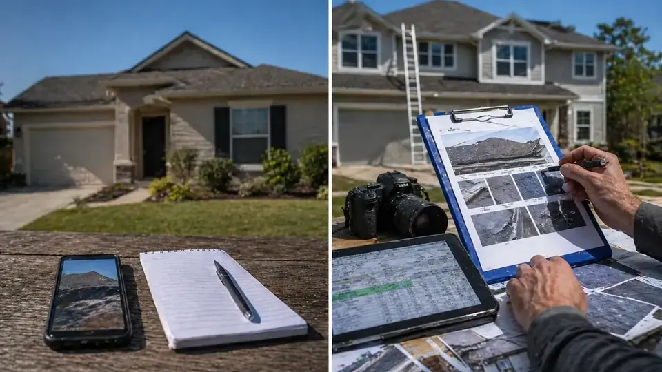 Wind-lifted shingles and damaged siding on a Port Arthur, Texas home