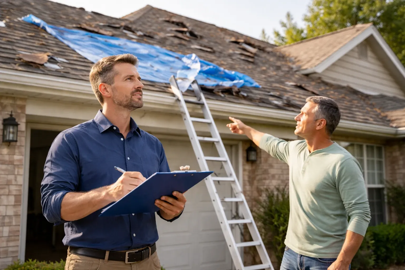 Homeowner and adjuster next to a blue tarp covering a storm-damaged roof