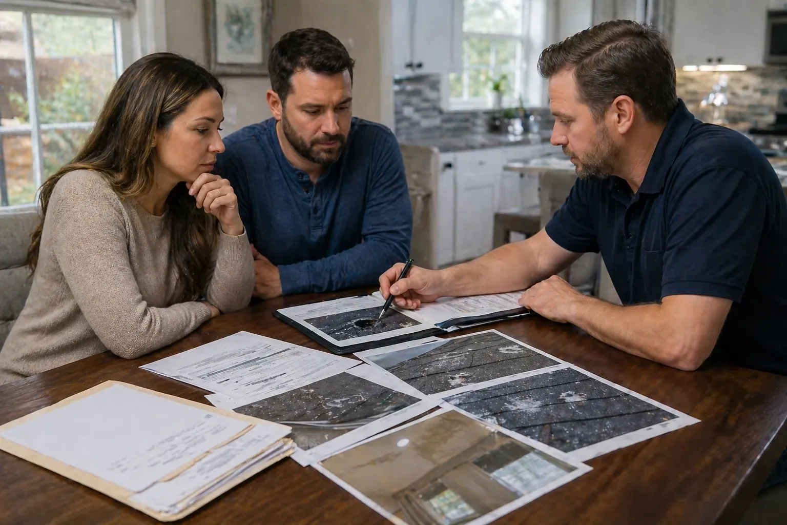 Adjuster explaining an insurance claim estimate to a couple at home