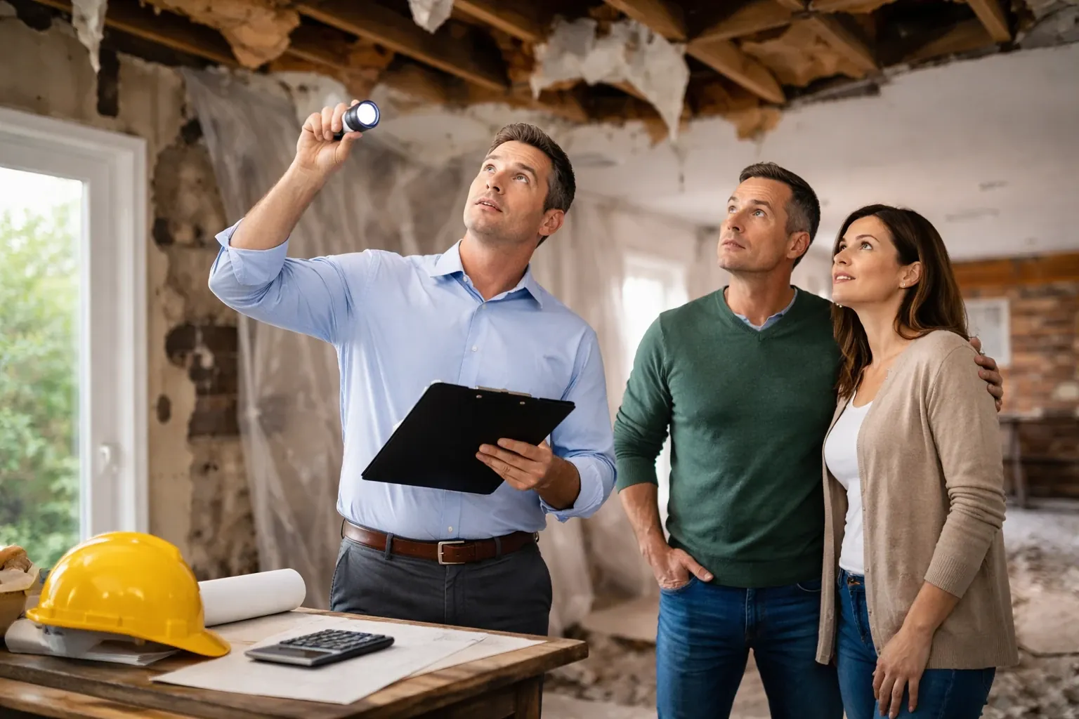 Adjuster and homeowners inspecting ceiling damage for moisture and mold