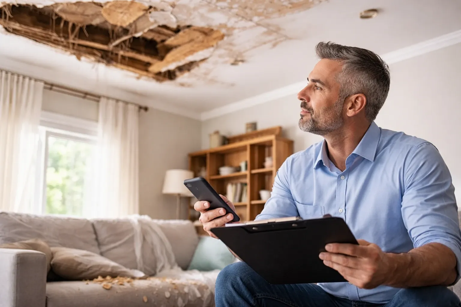 Adjuster reviewing water damage on a stained, sagging ceiling