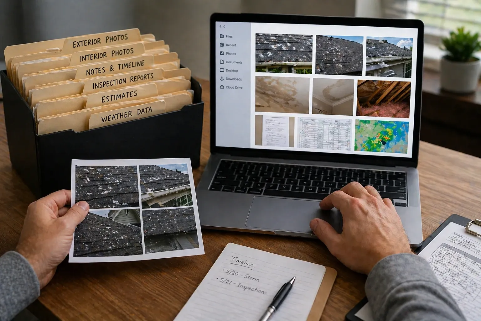 Claim file with printed photos, estimates and correspondence organized by date