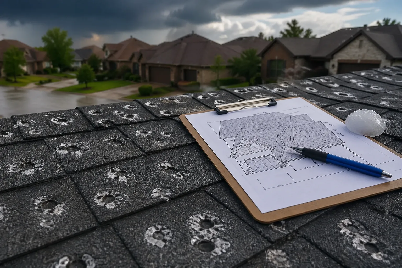 Diagram of hail-damaged shingles showing bruising and granule loss