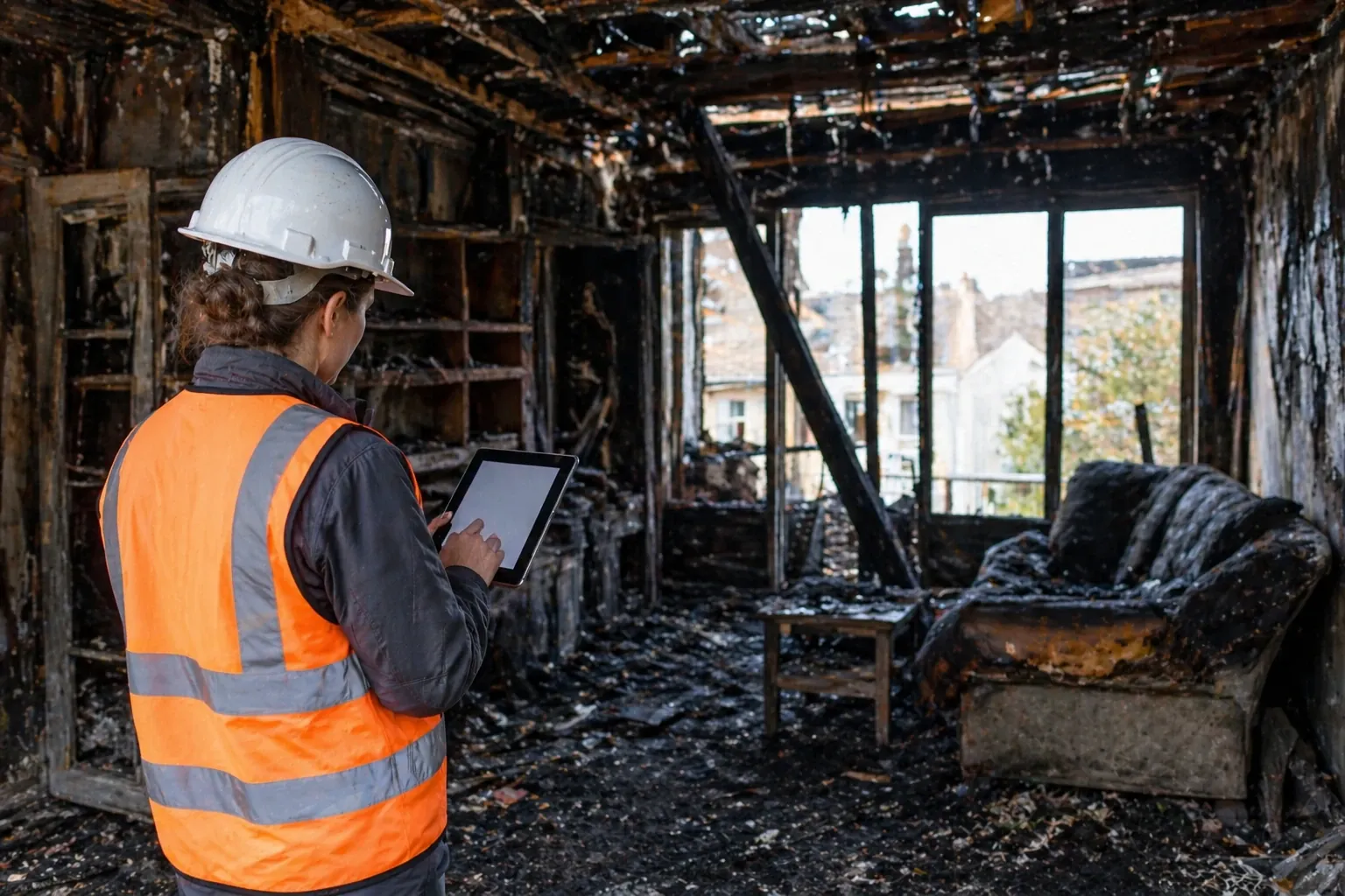 Adjuster inspecting fire and smoke damage inside a home