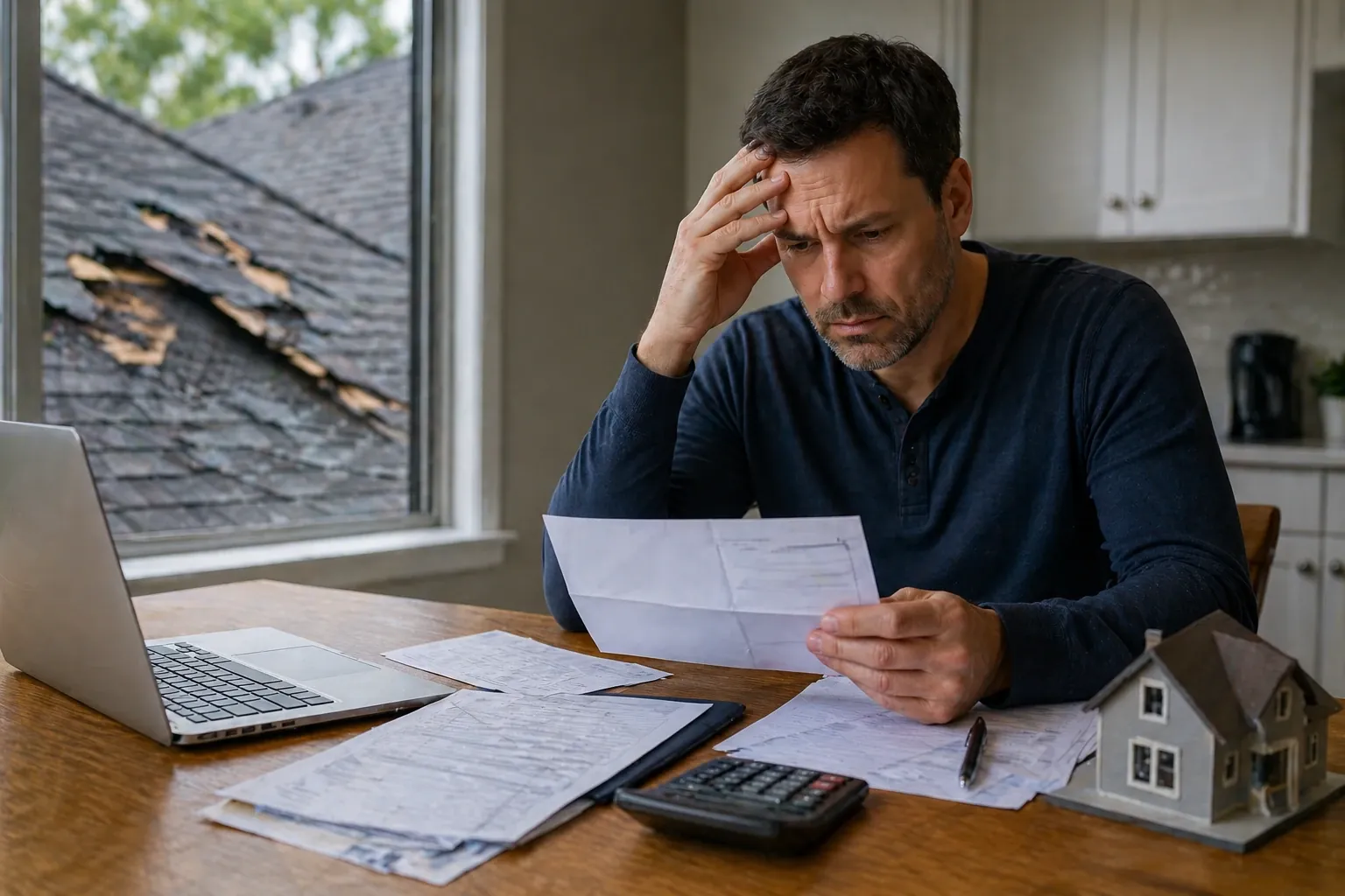 Homeowner reviewing an insurance denial letter at home