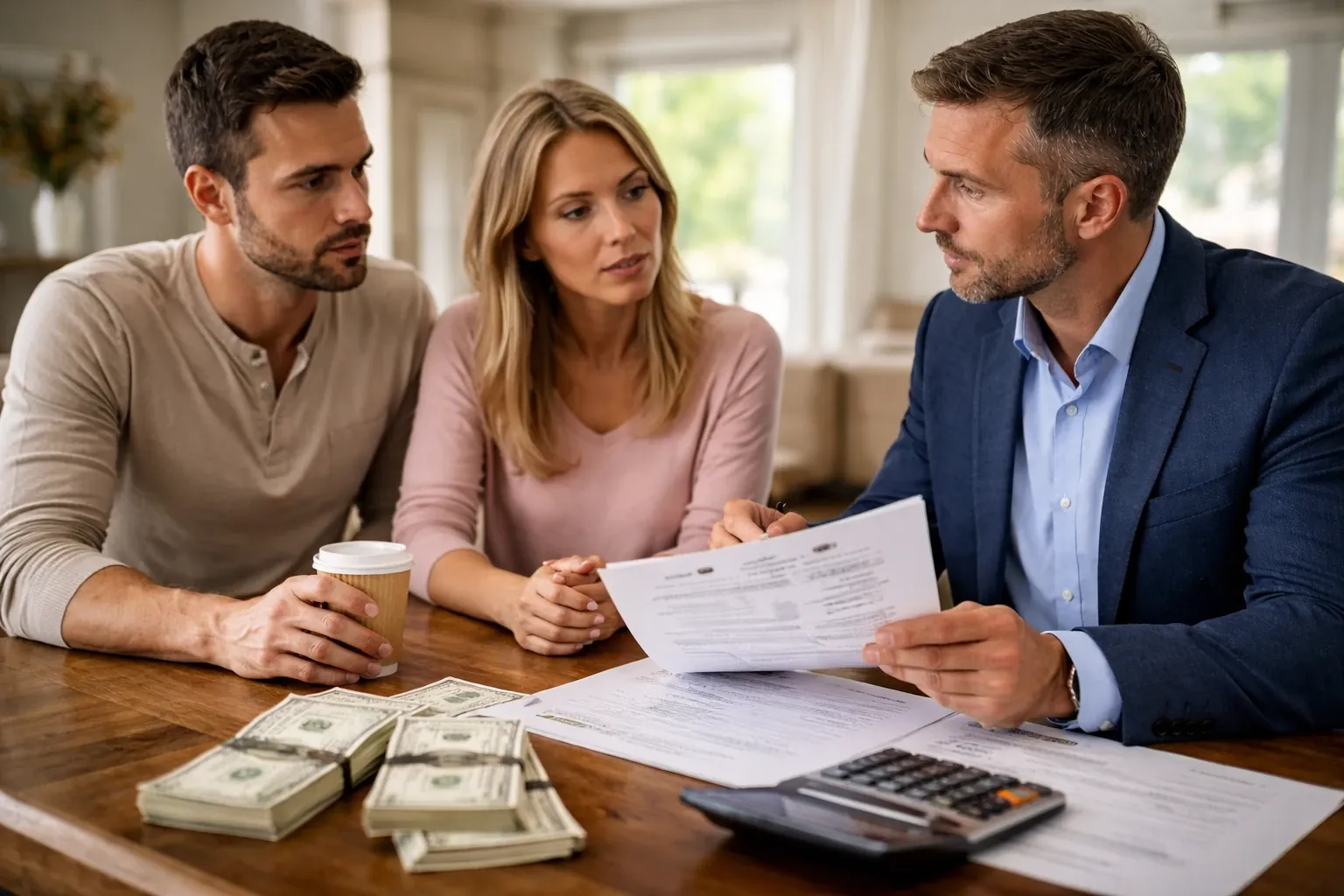 Homeowners reviewing a settlement breakdown with an adjuster