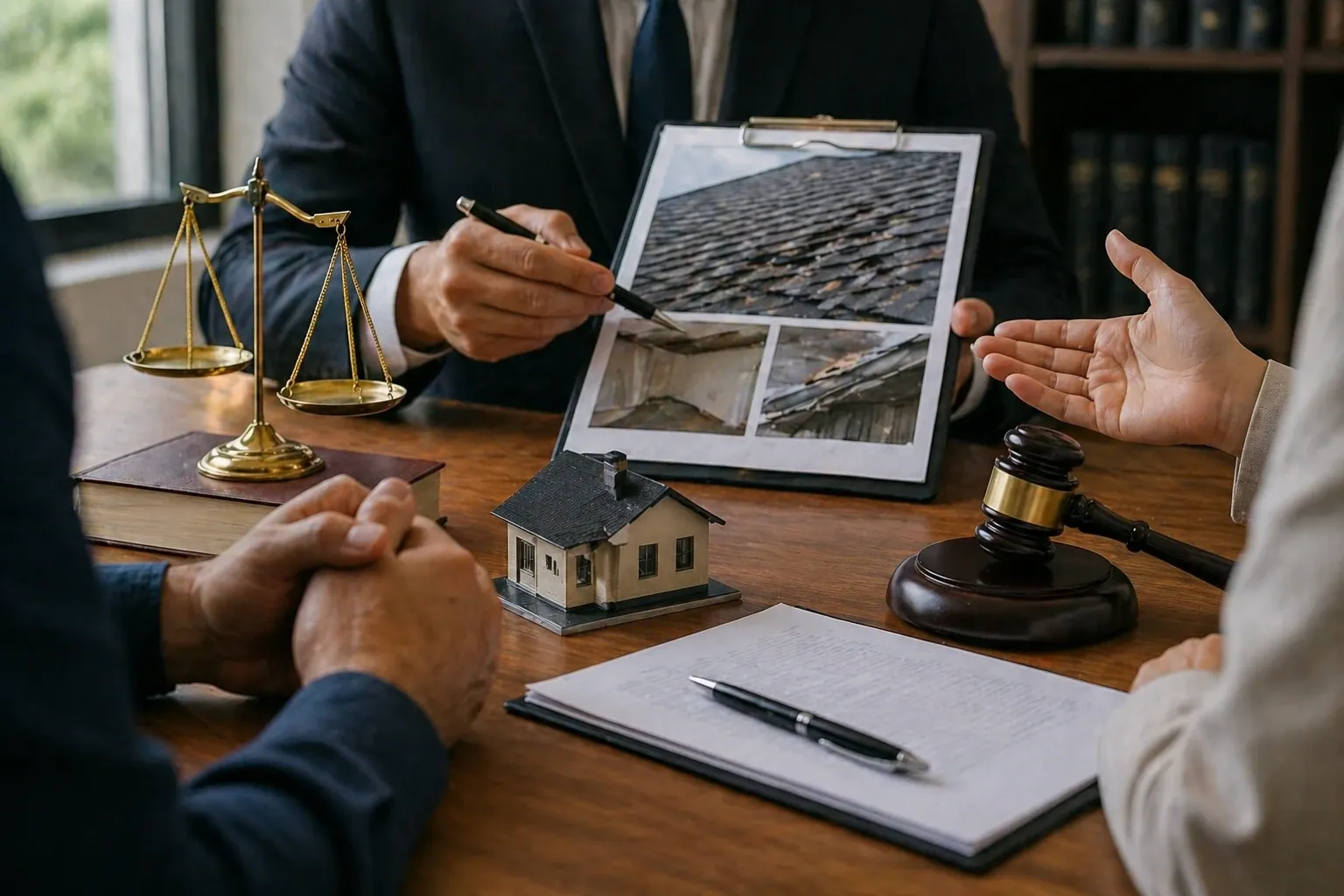Two appraisers comparing competing insurance estimates during an appraisal