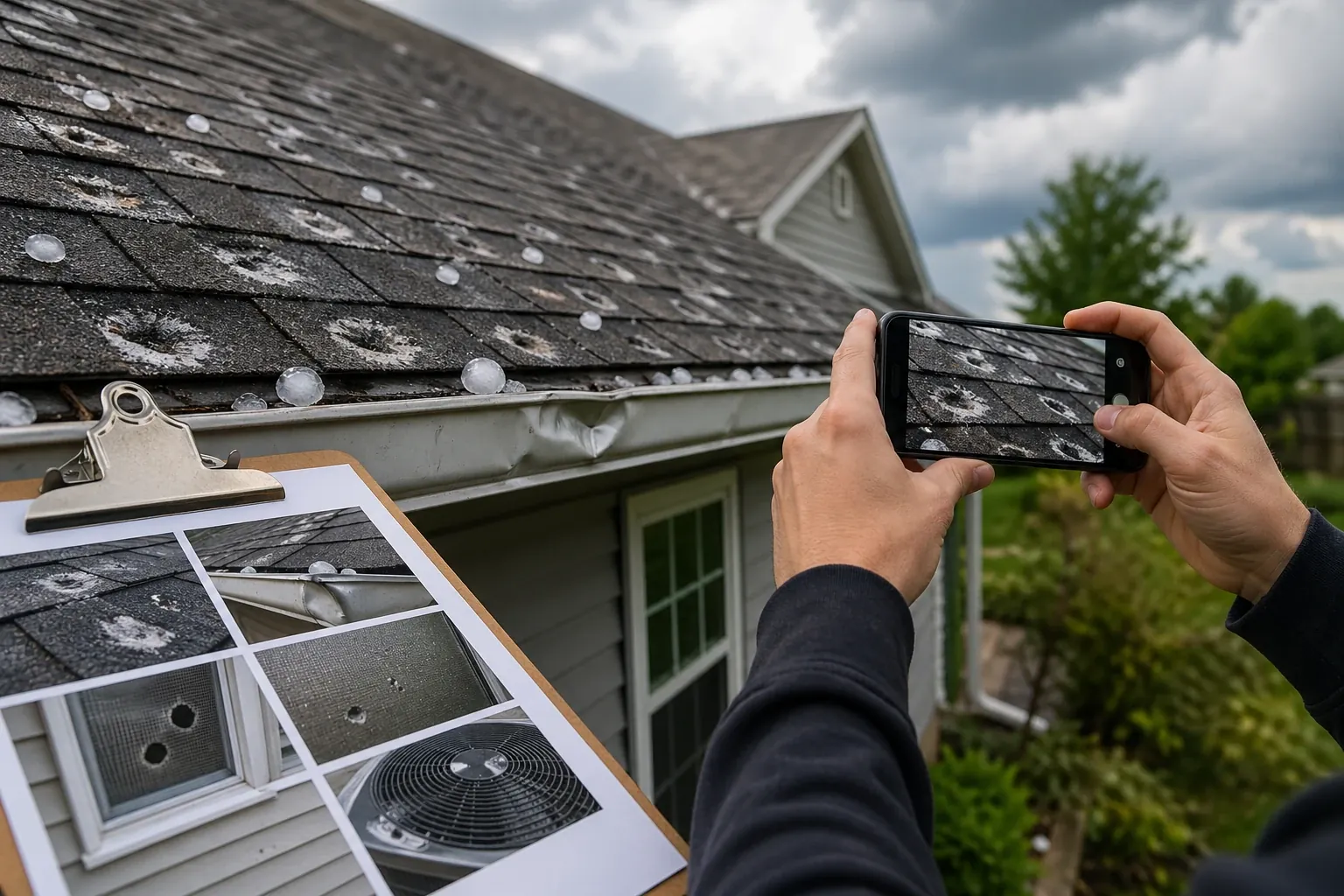 Person photographing damaged shingles on a residential roof