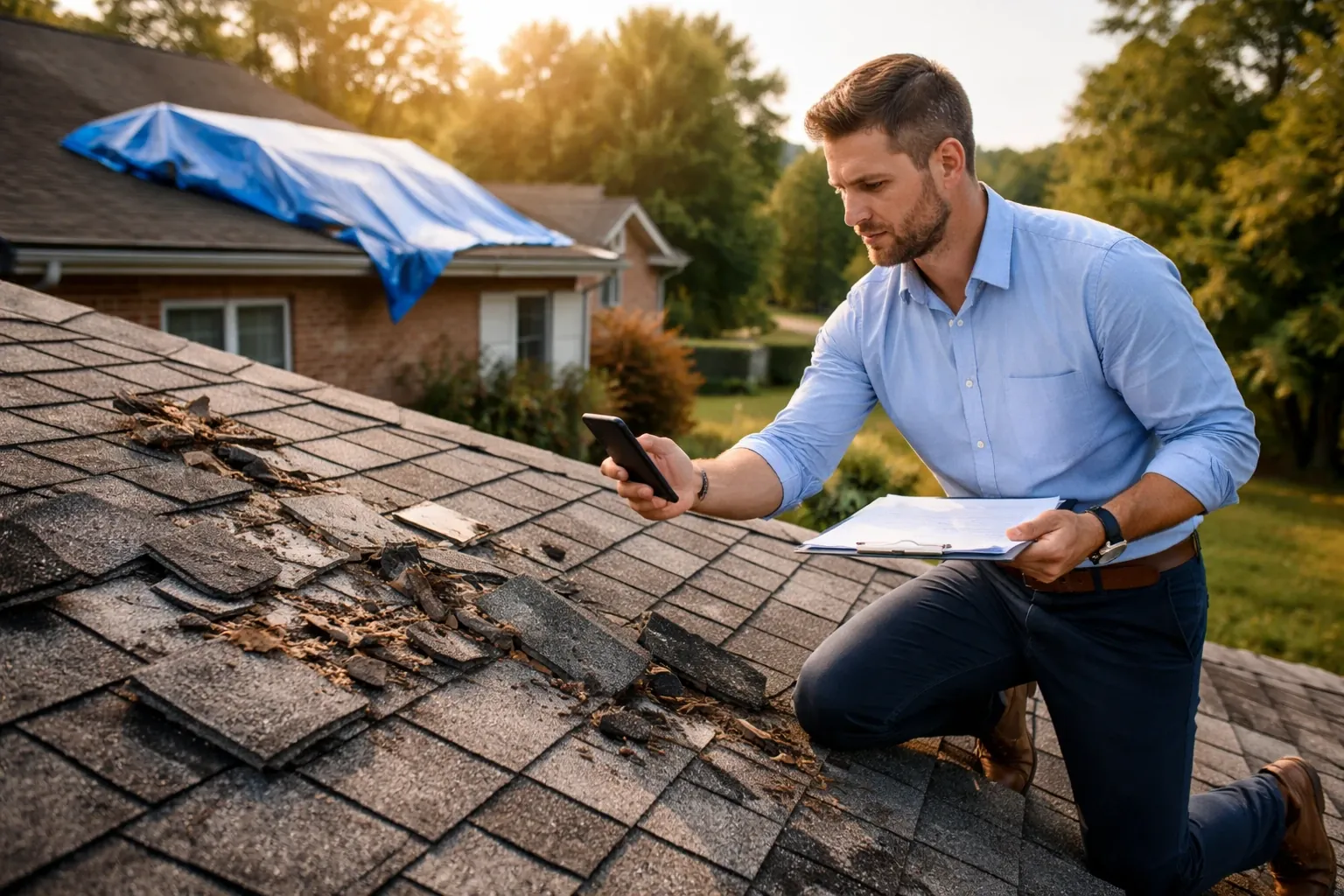 Public adjuster inspecting a tarped roof after windstorm damage