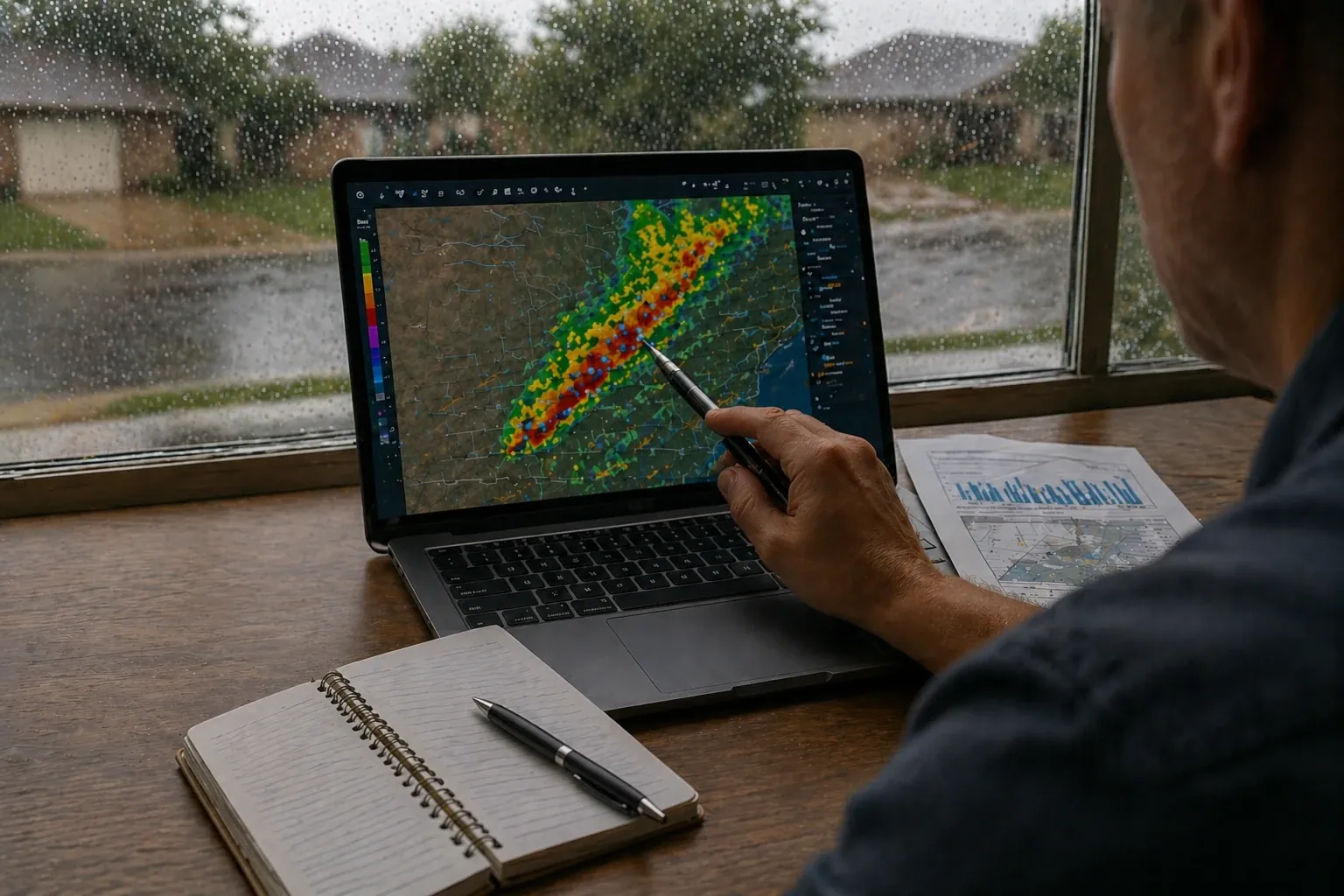 Weather radar and storm data displayed on a screen during a claim review