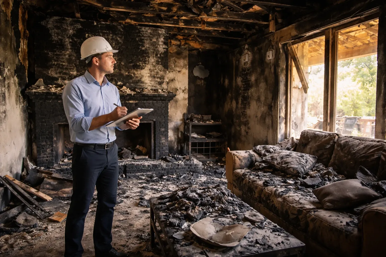 Adjuster inspecting soot residue on walls and ceiling of a smoke-damaged living room