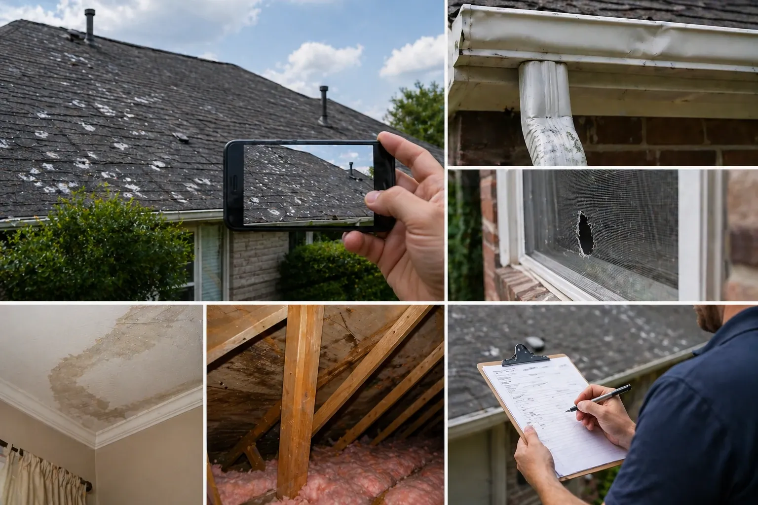 Collage of storm damage photos used to document an insurance claim