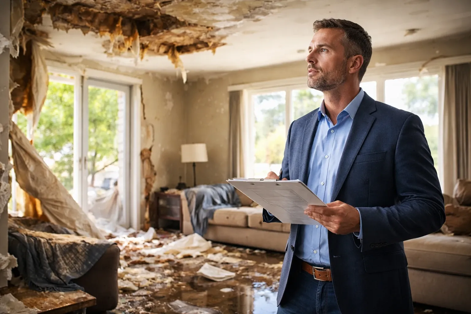 Adjuster photographing storm-damaged interior walls and ceiling during repairs