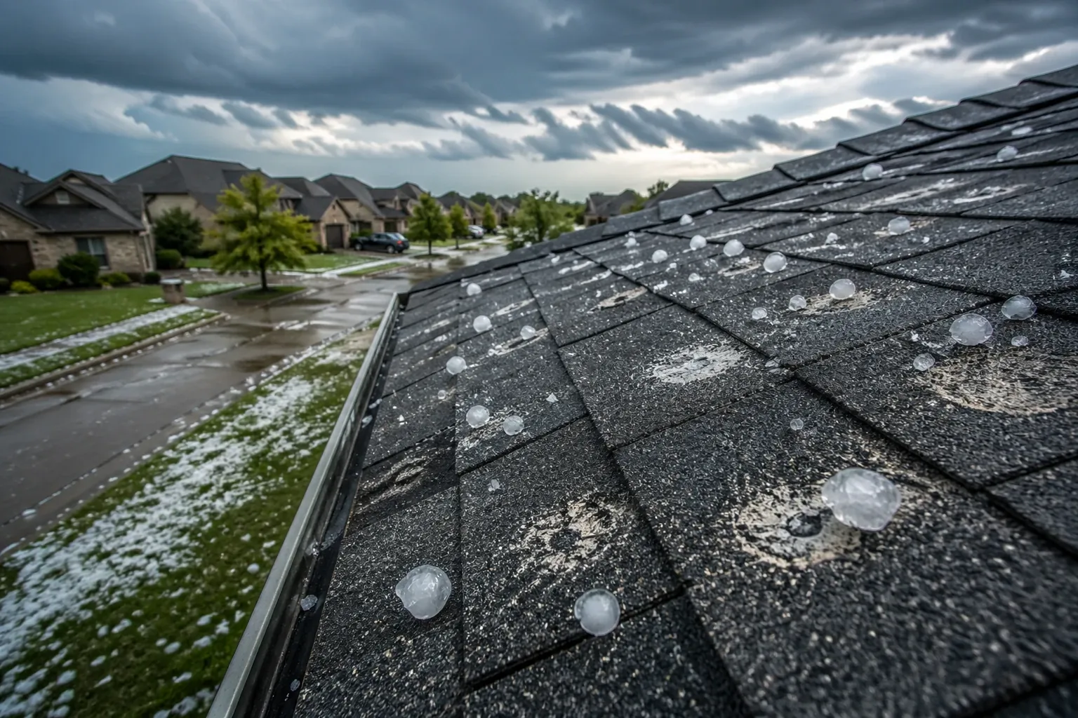Rows of storm-damaged roofs with missing shingles after a Gulf Coast hurricane