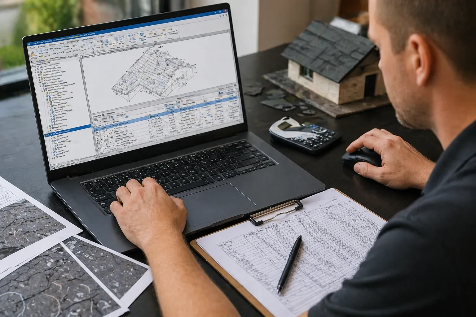 Public adjuster reviewing an Xactimate estimate line by line on a computer